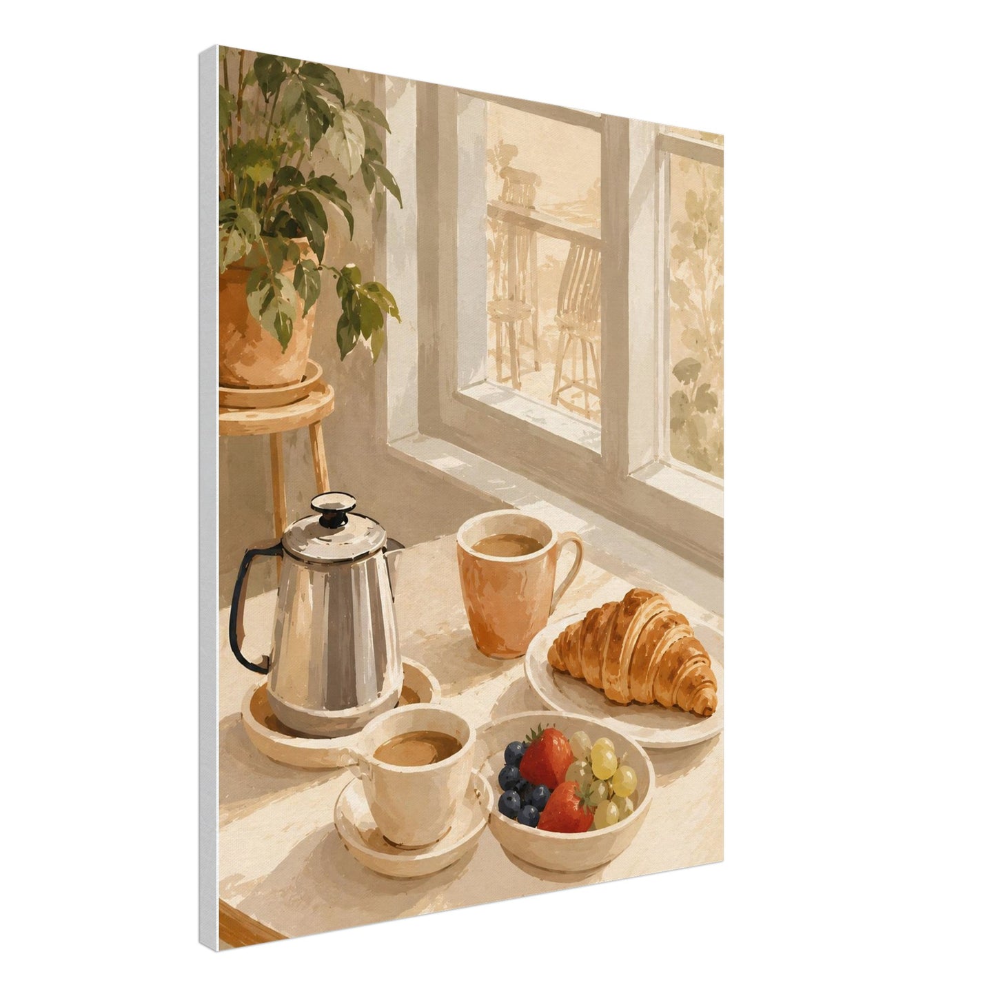 Canvas print of a breakfast scene with coffee, croissant, and fruit on a windowsill.