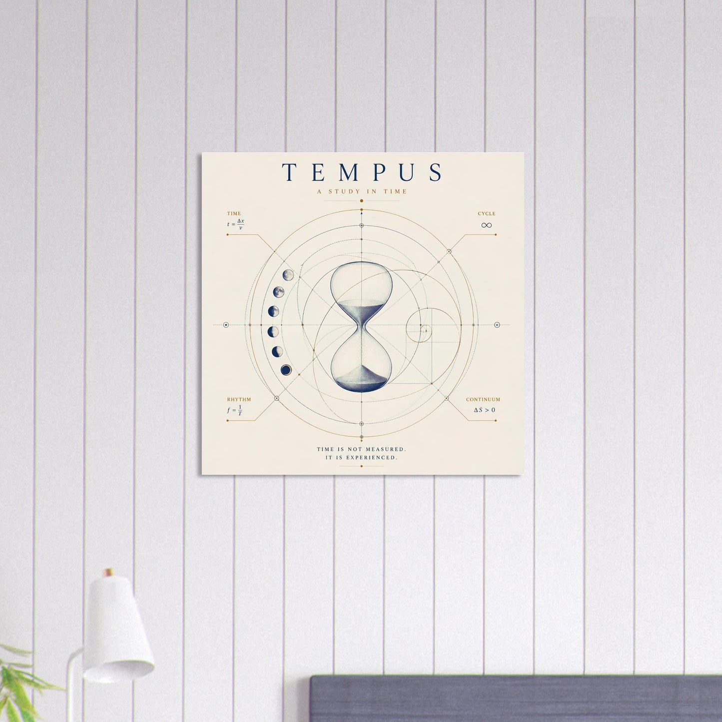 Geometric time-inspired wall art displayed on a white panelled wall above a bed