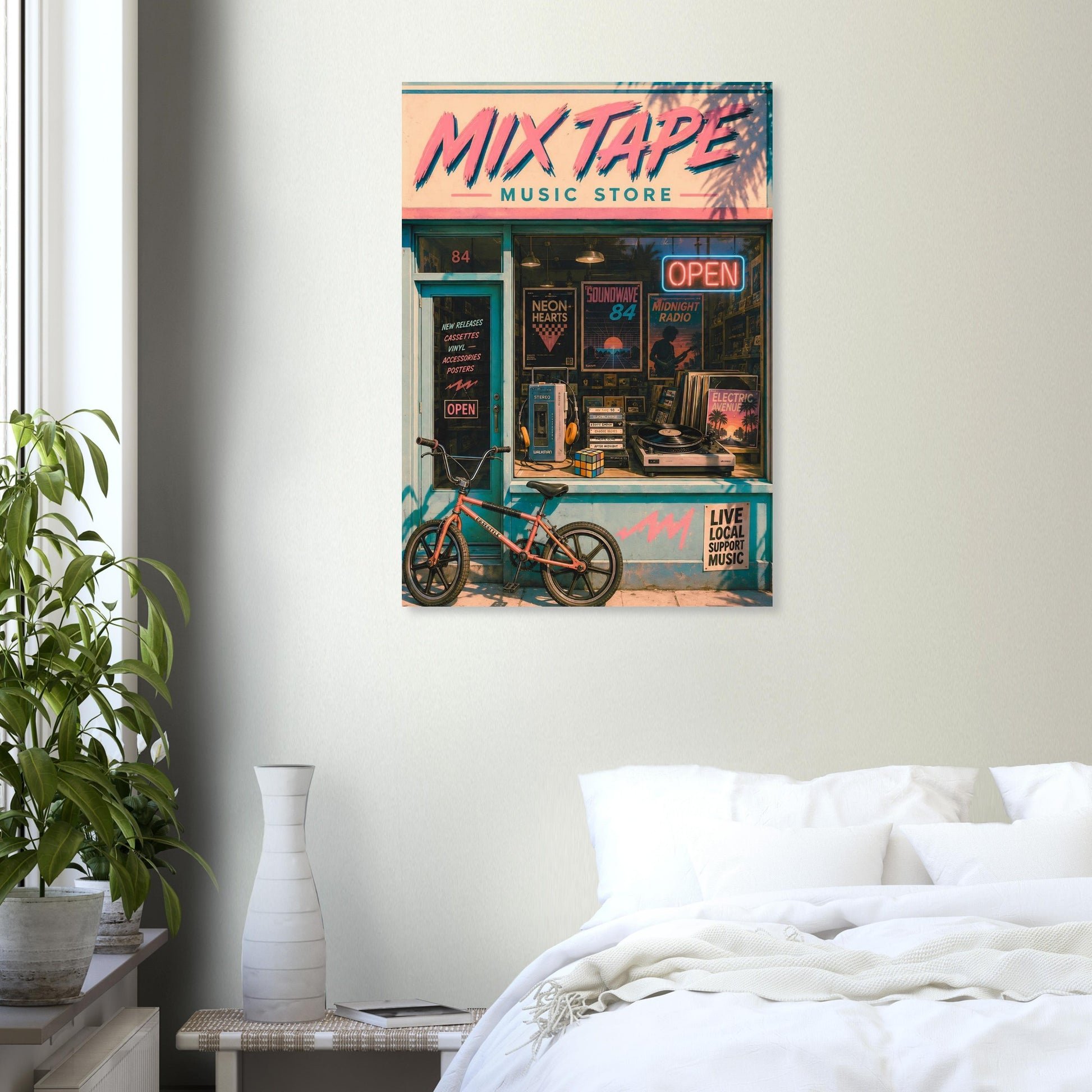 Poster of a music store named 'Mix Tape' in a bedroom setting.