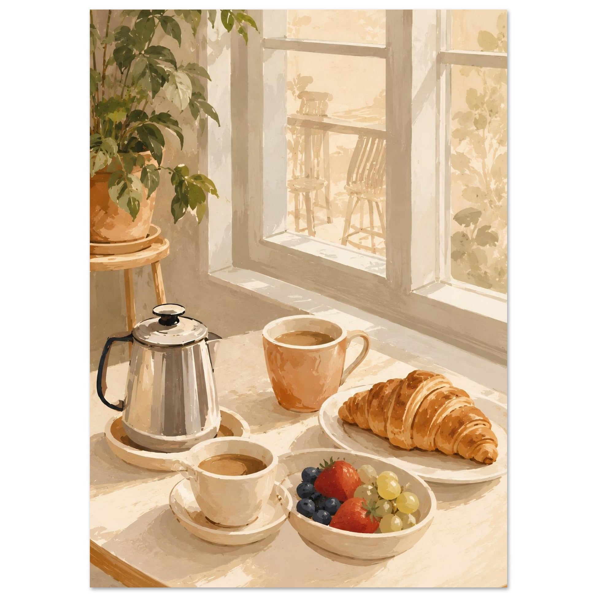 Close-up of watercolour breakfast wall art featuring coffee cups, croissant and fruit in soft morning light