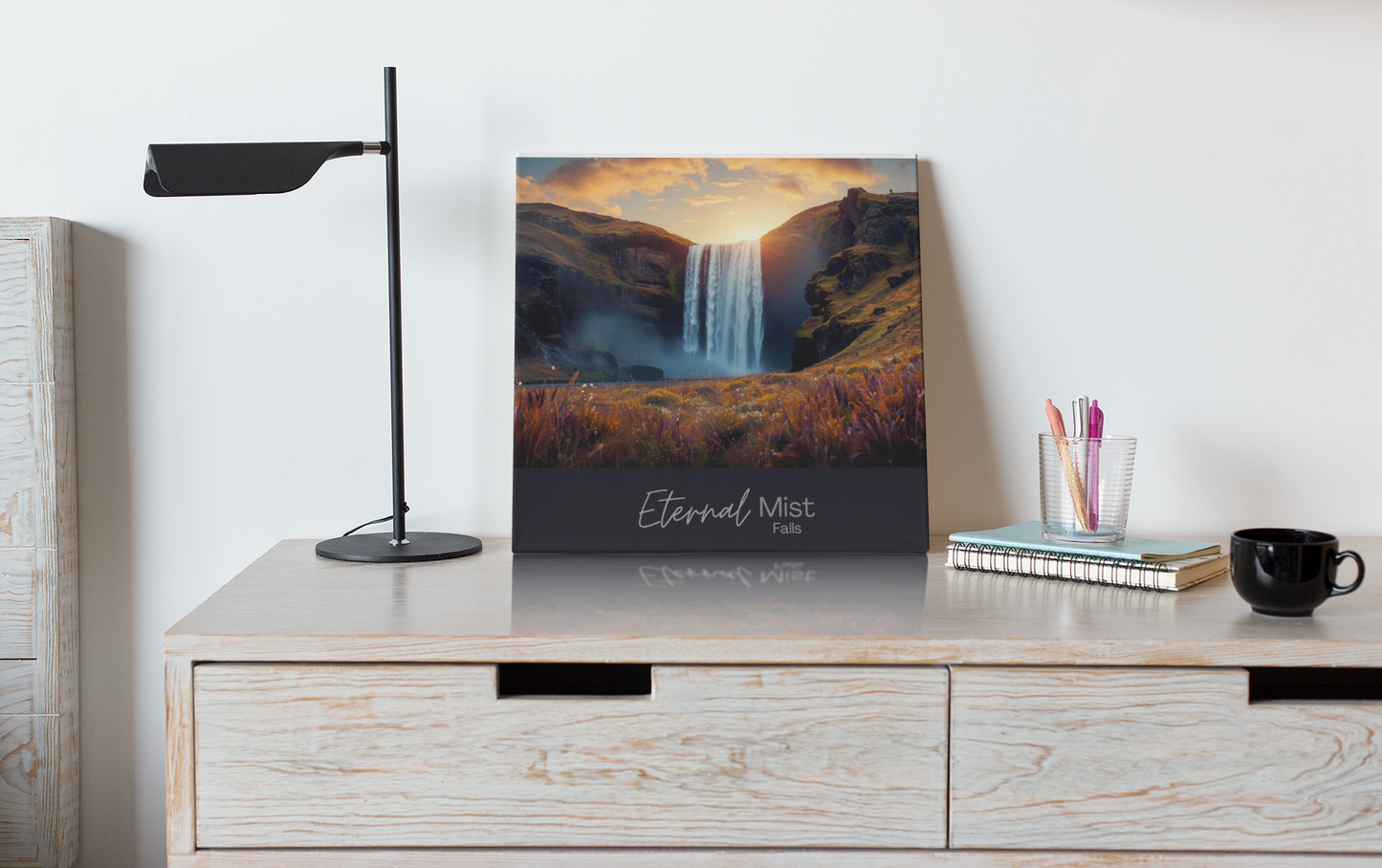Eternal Mist Waterfall Poster | Sunset Landscape Wall Art | Modern Nature Decor