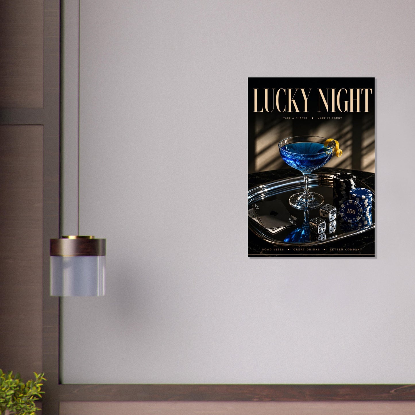 LUCKY NIGHT editorial cocktail poster displayed against beige wall contemporary wall styling