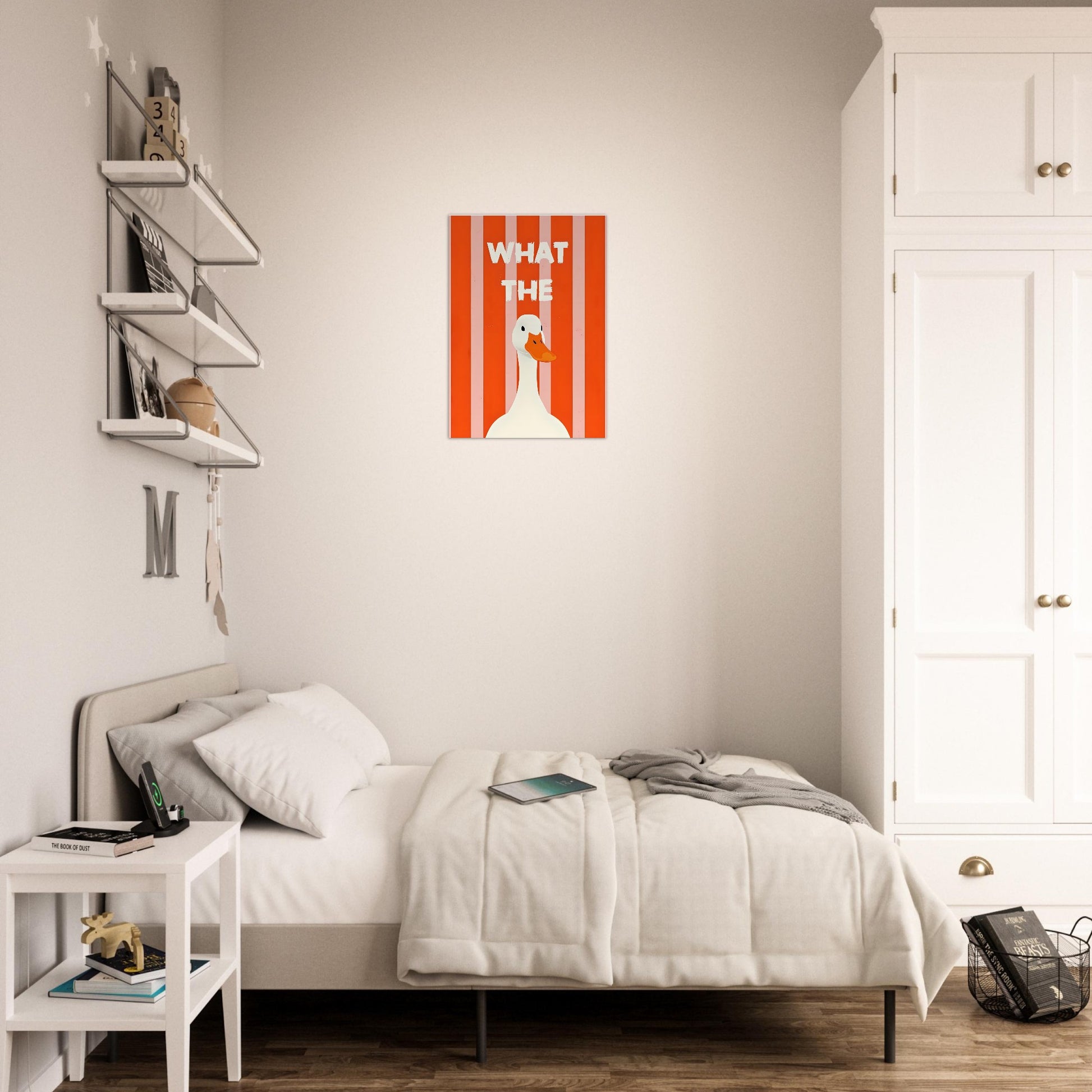 Modern bedroom with a bed, nightstand, and wall art.
