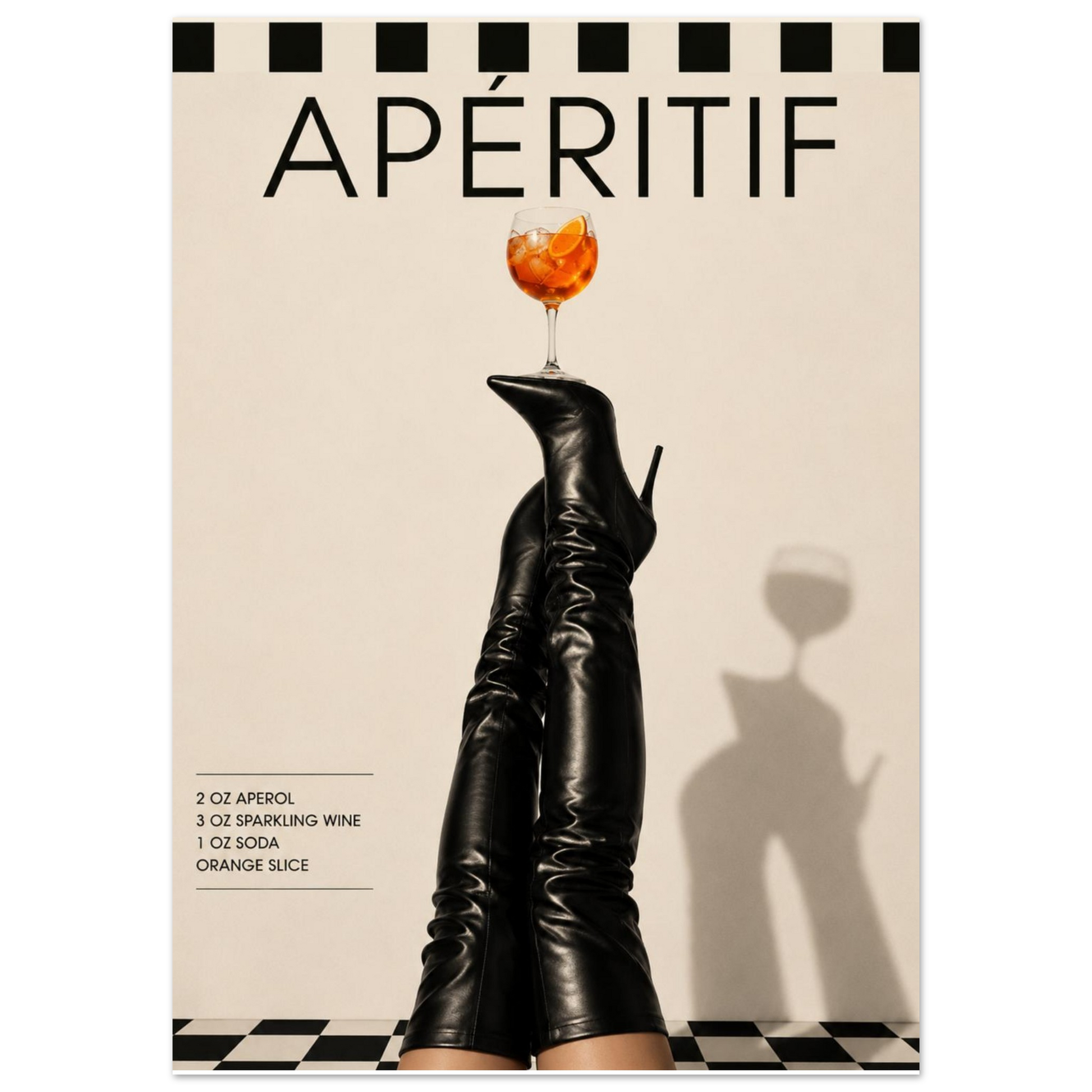 Close-up of aperitif fashion art print featuring black thigh high boots balancing orange cocktail glass