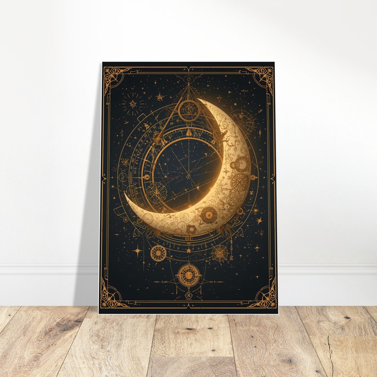 Decorative poster with celestial design featuring a moon and stars on a black background, leaning against a white wall.