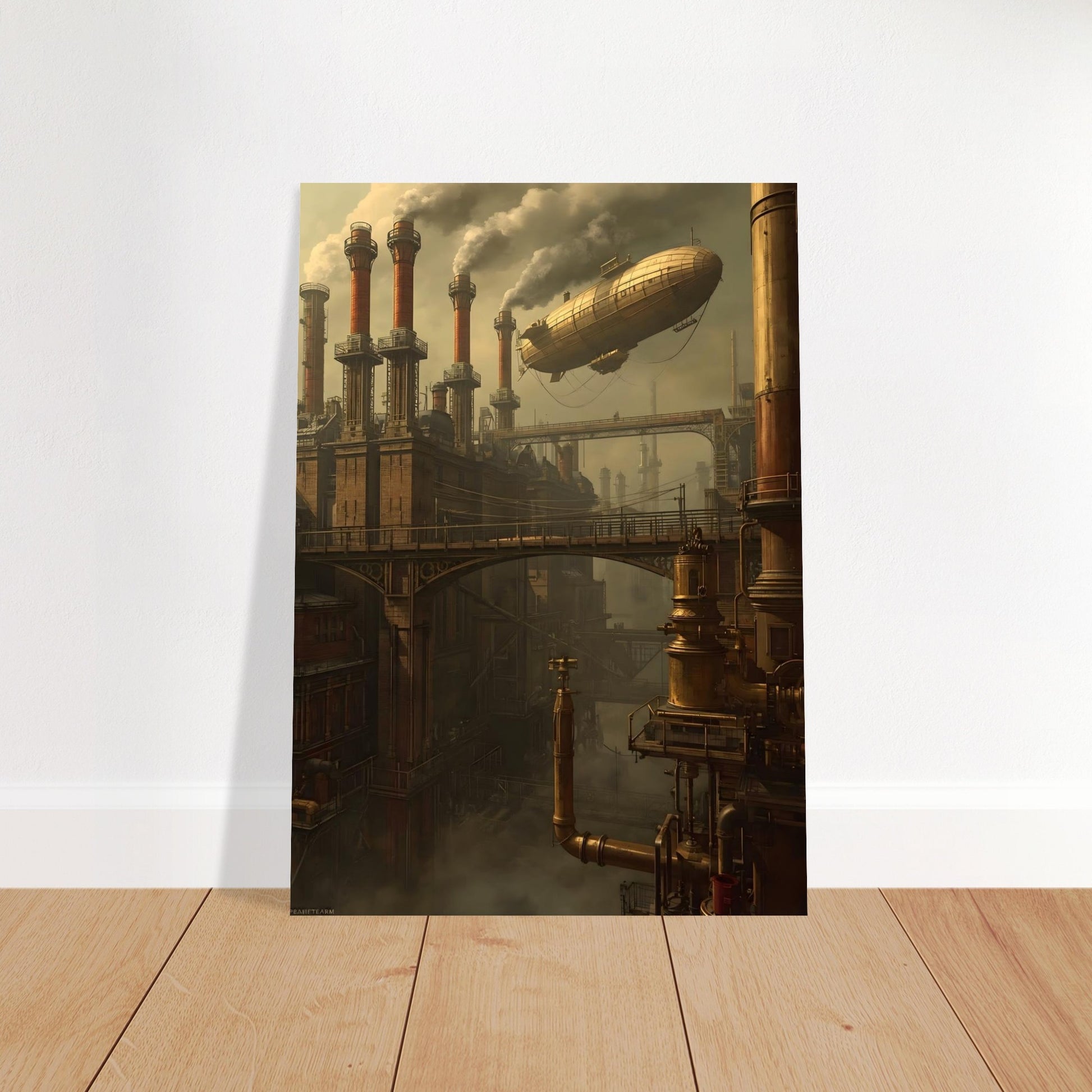 Steampunk-themed artwork with a dirigible and industrial buildings on a white background