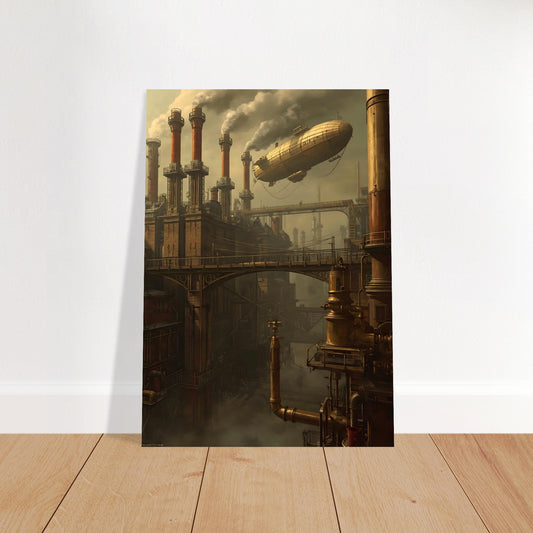 Steampunk-themed artwork with a dirigible and industrial buildings on a white background