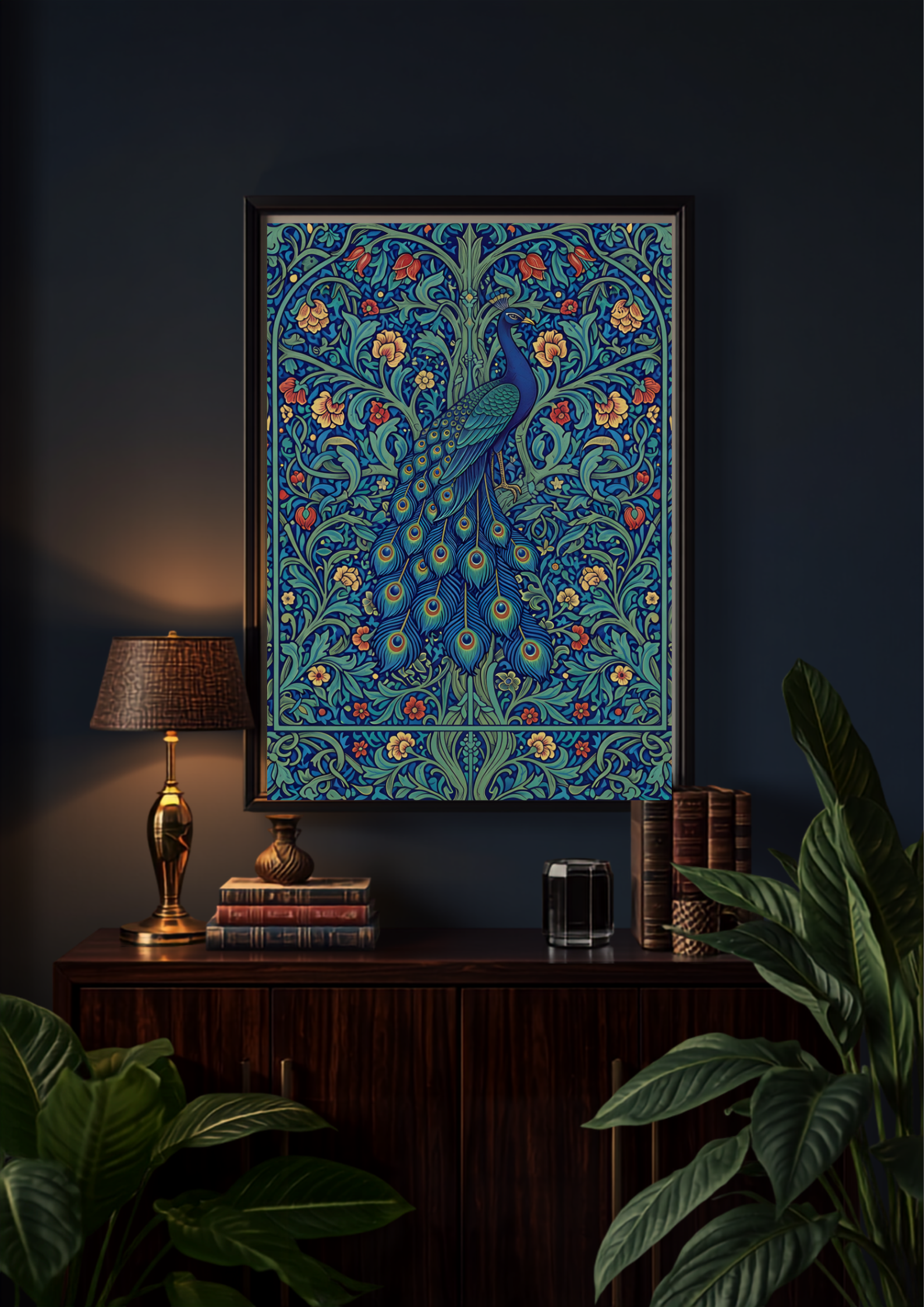 The Enchanted Peacock botanical wall art displayed in a black frame on a dark navy wall above a wooden sideboard with warm lighting and plants.
