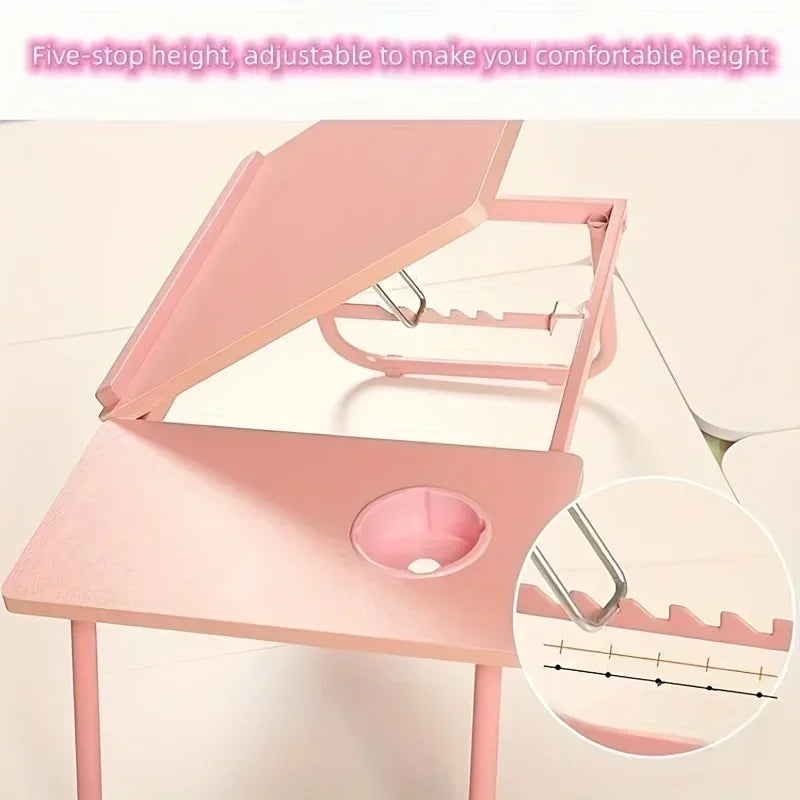 Pink adjustable height stool with text indicating five-step height adjustment.