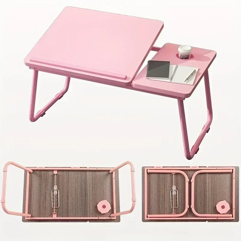 Pink folding table with tray and compartments on a white background