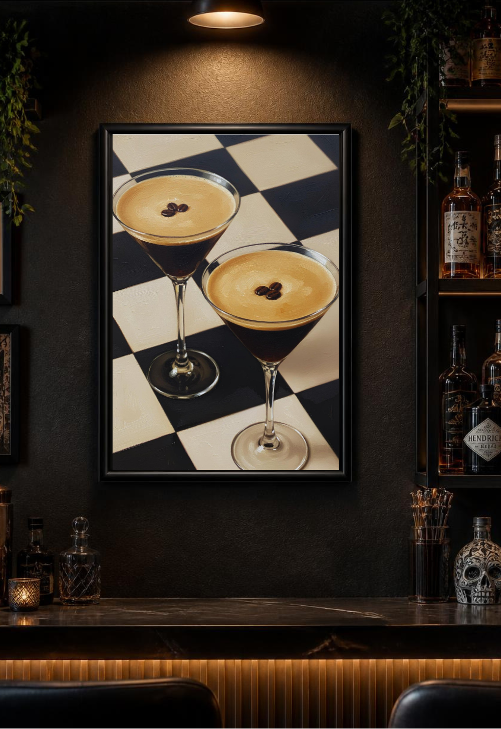 Espresso Martini framed wall art displayed above a stylish home bar with premium spirits and warm ambient lighting.