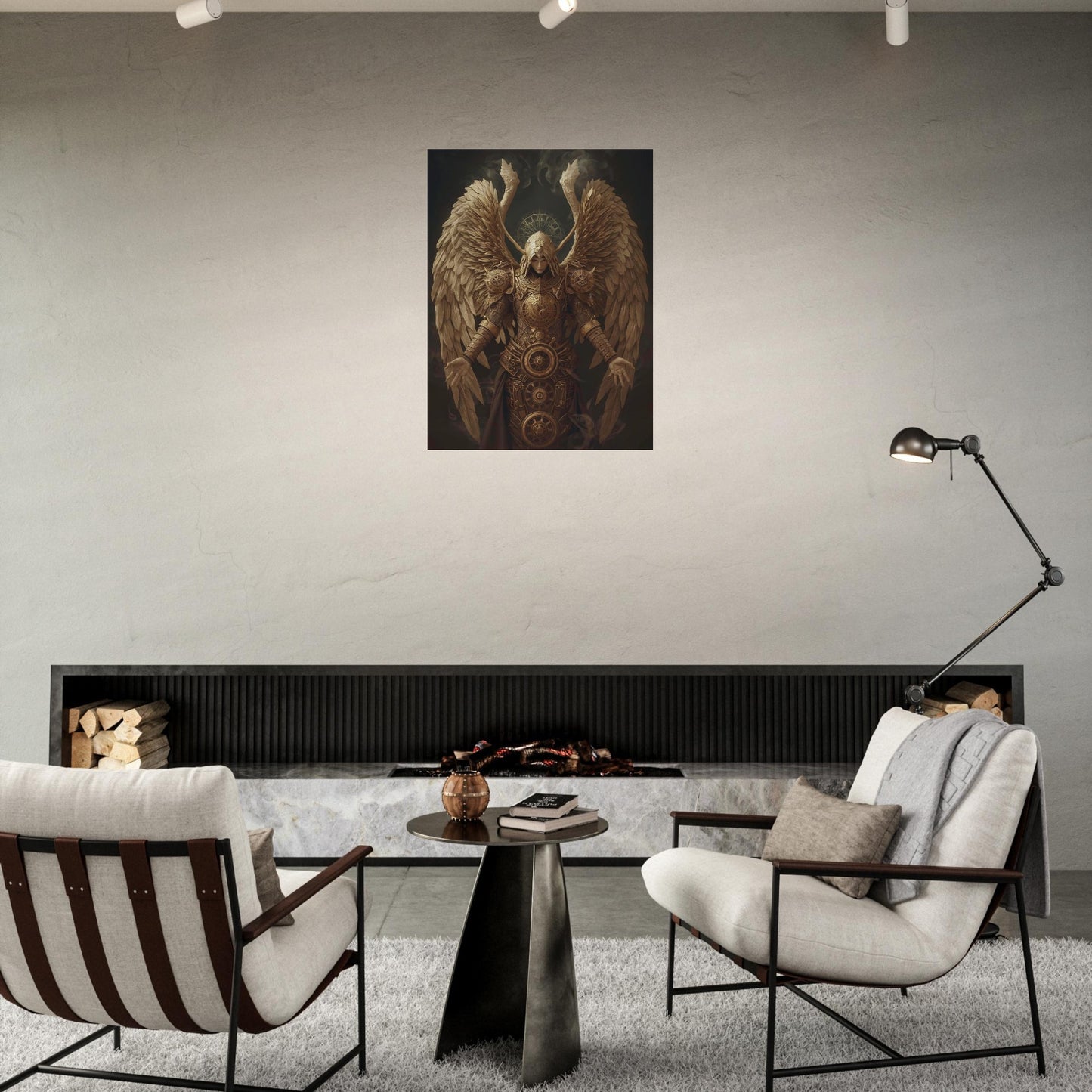 Modern living room with a large painting of a winged creature on the wall.