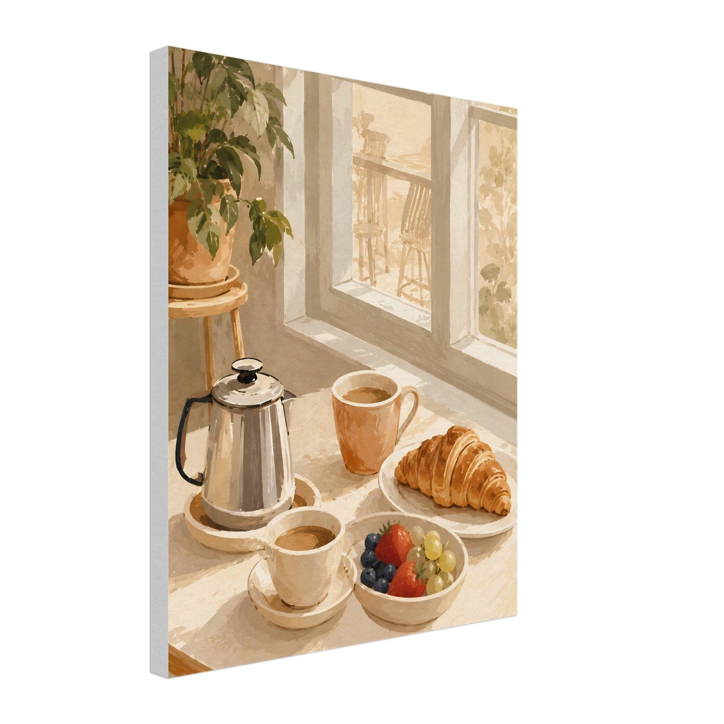 Canvas print of a breakfast scene with coffee, croissant, and fruit on a windowsill.