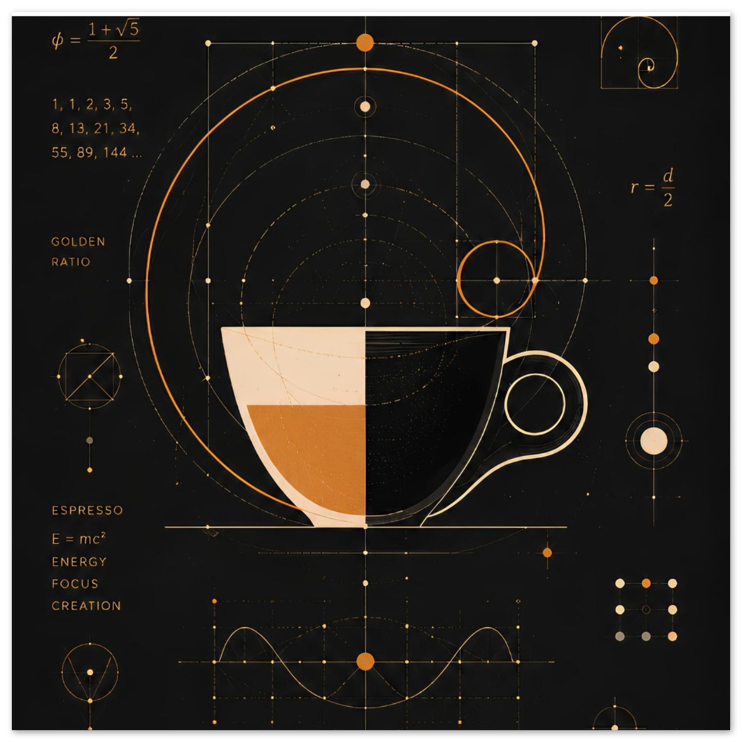 Design of a coffee cup with geometric and mathematical elements on a black background