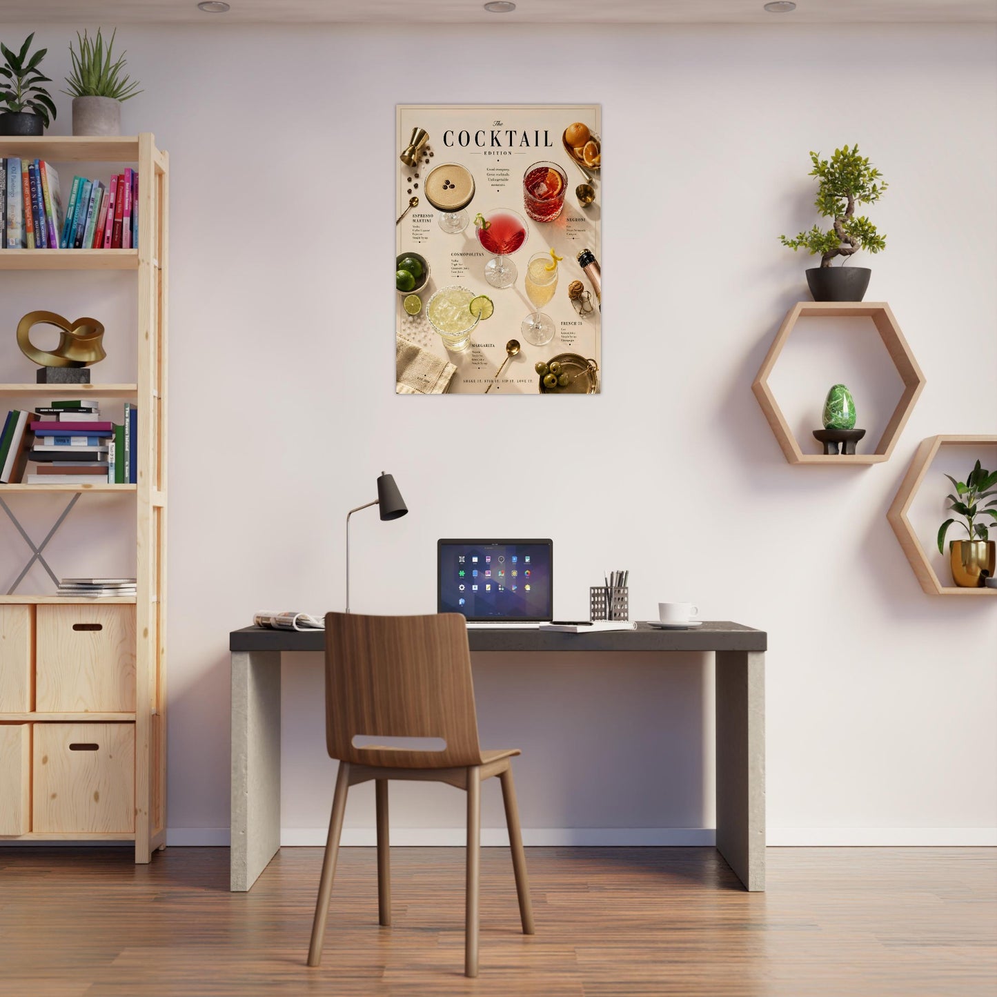 Cocktail Edition Poster displayed above a desk in a creative workspace with colourful cocktail-inspired decor.