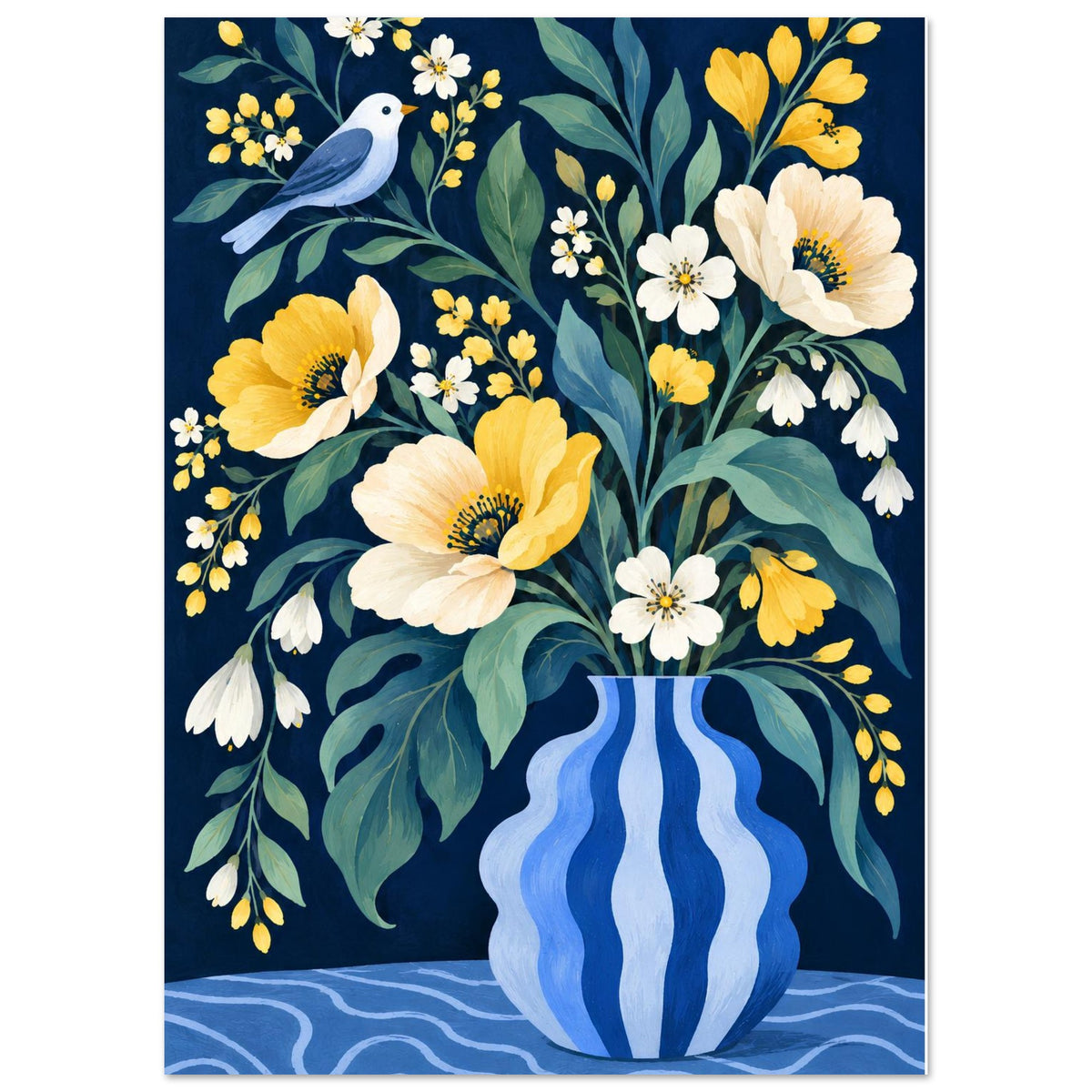 A vertical art print featuring a floral still life: yellow and white flowers with green leaves in a blue-and-white striped vase, plus a small blue bird on a dark navy background.