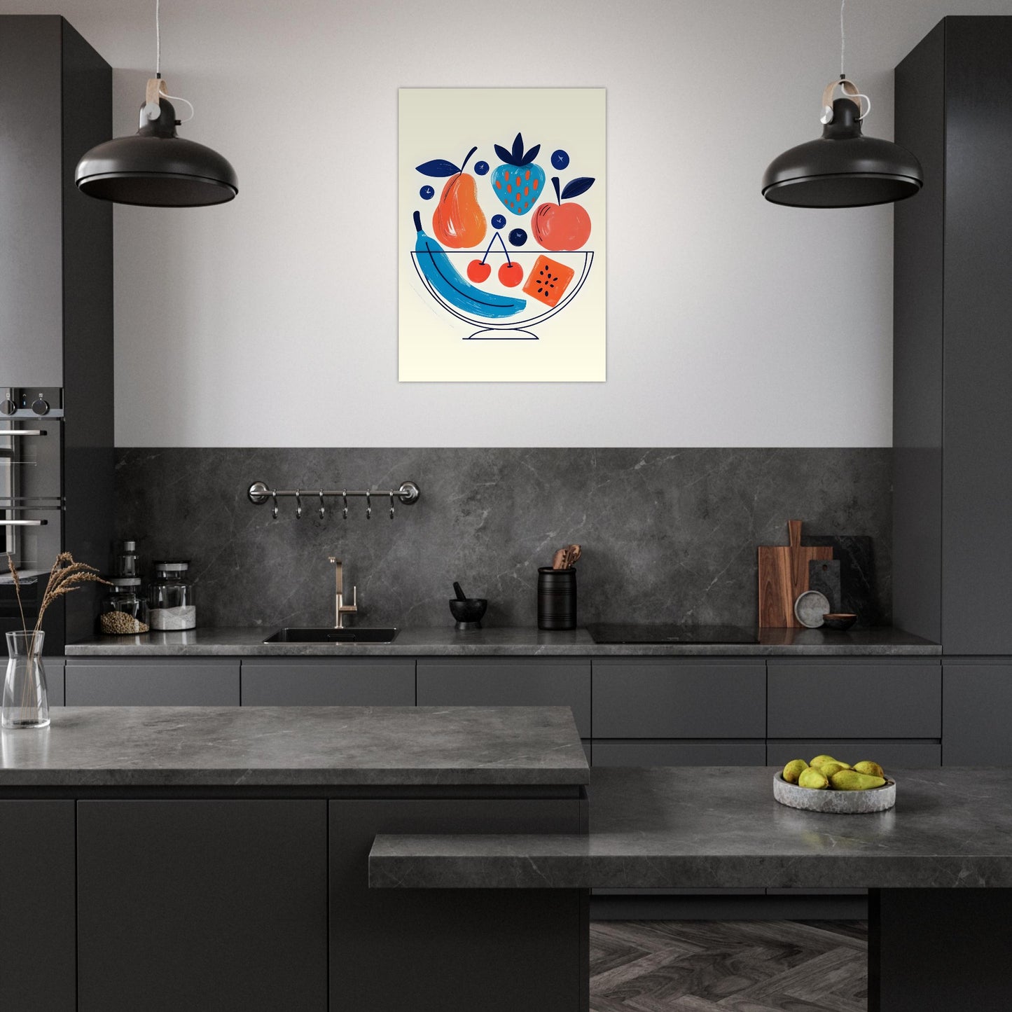 Modern kitchen with a colorful fruit bowl artwork on the wall.