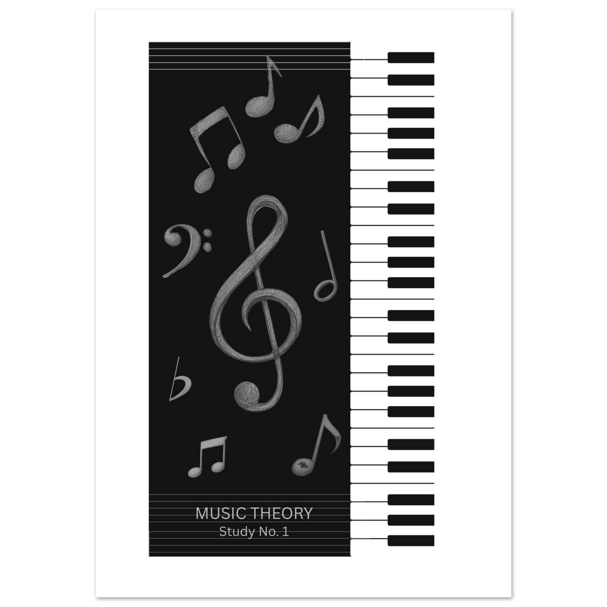 Music theory book cover with piano keyboard and musical notes on a black background