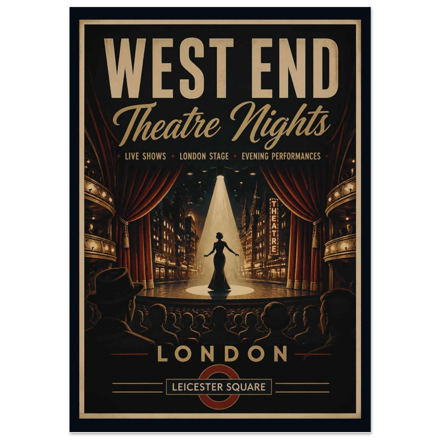Poster advertising West End Theatre Nights with a stage and curtain design.