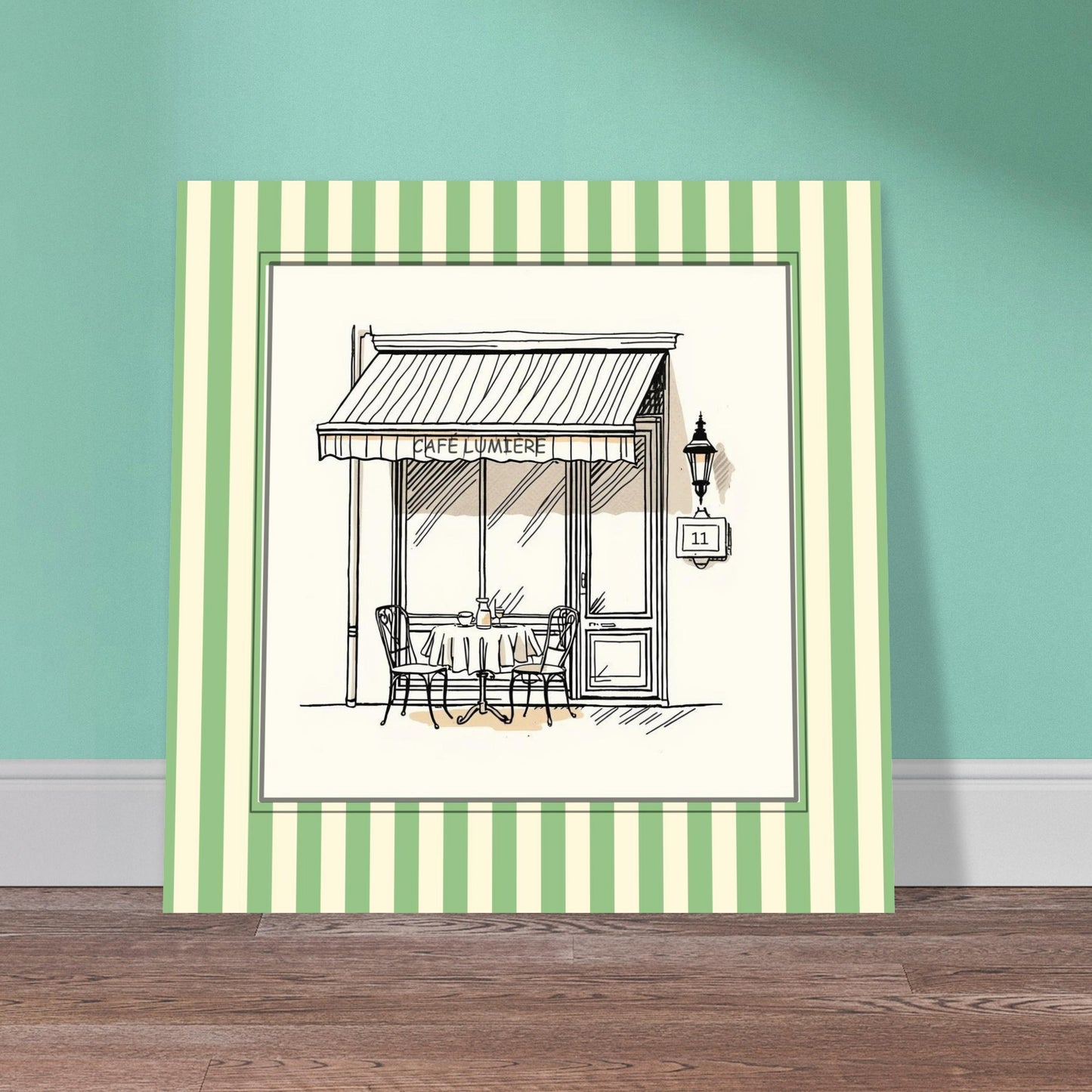 Lifestyle mockup of Café Lumière Paris art print displayed in modern neutral interior