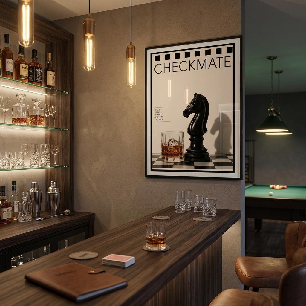 Checkmate chess poster styled in luxury cocktail bar interior with dark moody lighting