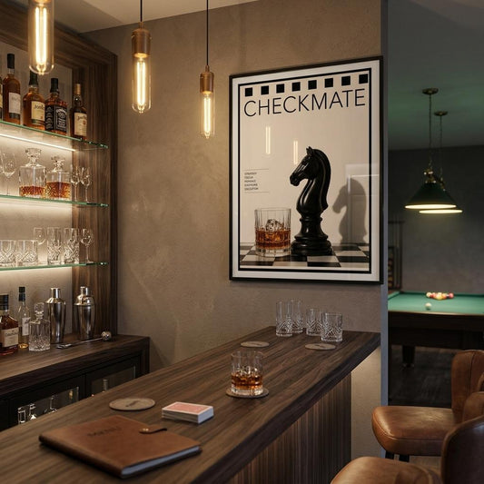 Checkmate chess poster styled in luxury cocktail bar interior with dark moody lighting