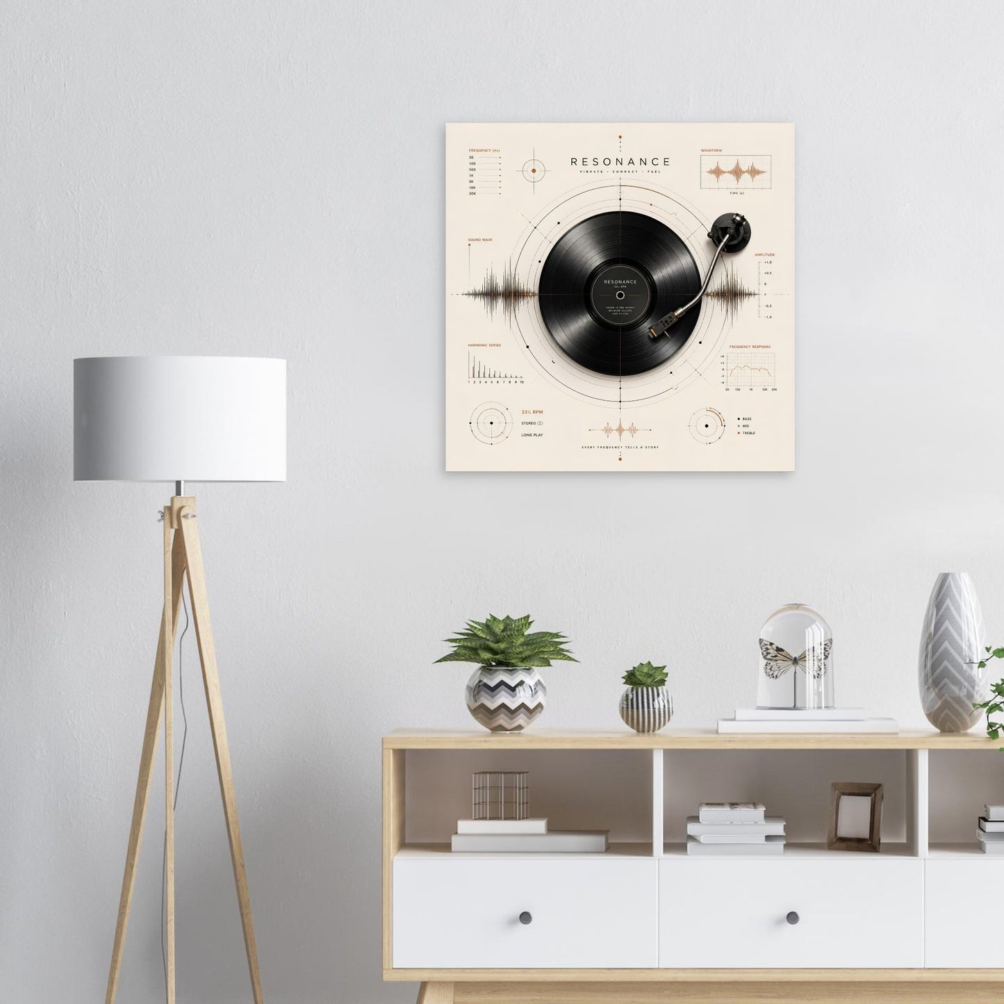 Vinyl record wall art displayed above a white sideboard in a contemporary lounge