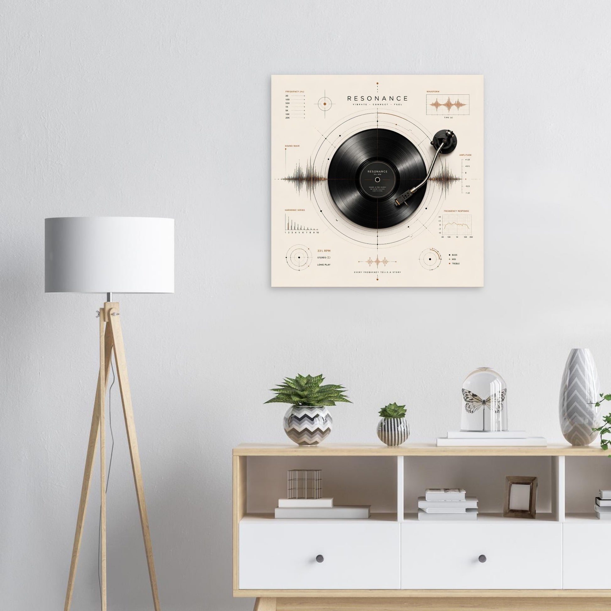 Vinyl record wall art displayed above a white sideboard in a contemporary lounge
