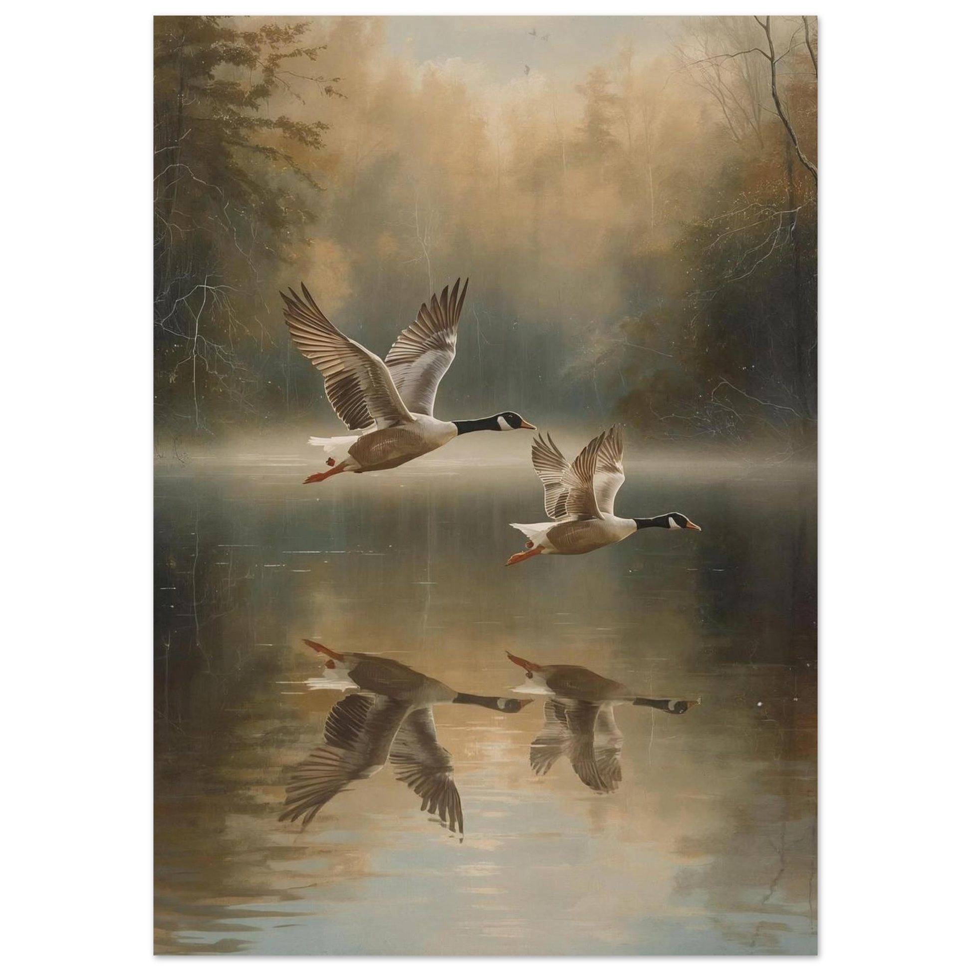 Poster of Two geese flying over a reflective lake with a misty forest background