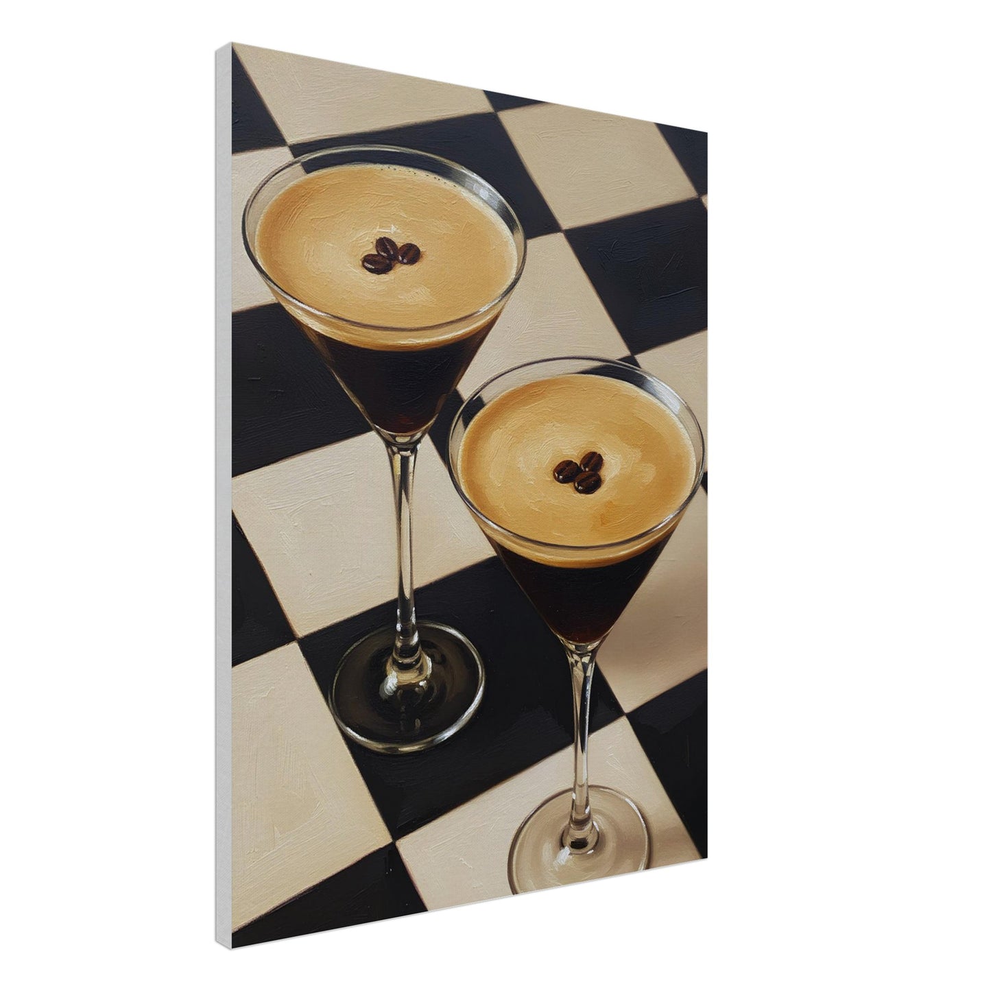 Espresso Martini canvas artwork featuring two classic cocktails against a geometric checkerboard design.