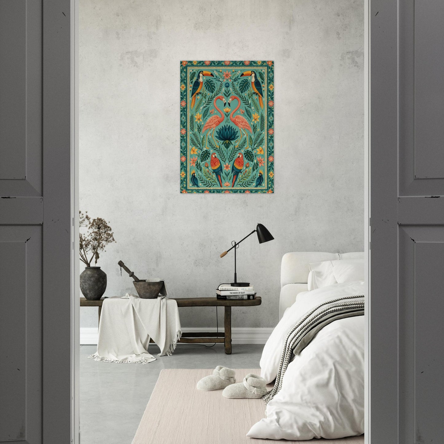 Tropical flamingo poster displayed in bright bedroom setting with neutral tones and soft furnishings