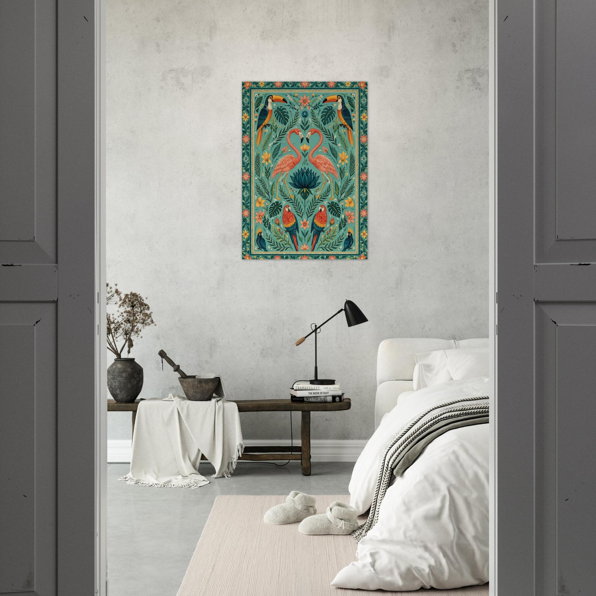 Tropical flamingo poster displayed in bright bedroom setting with neutral tones and soft furnishings