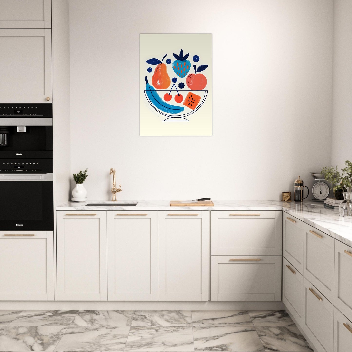 Framed artwork of a colorful fruit bowl on a kitchen wall