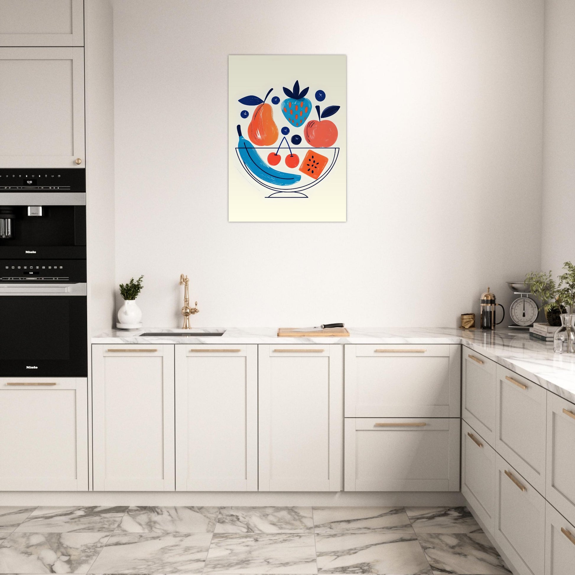 Framed artwork of a colorful fruit bowl on a kitchen wall