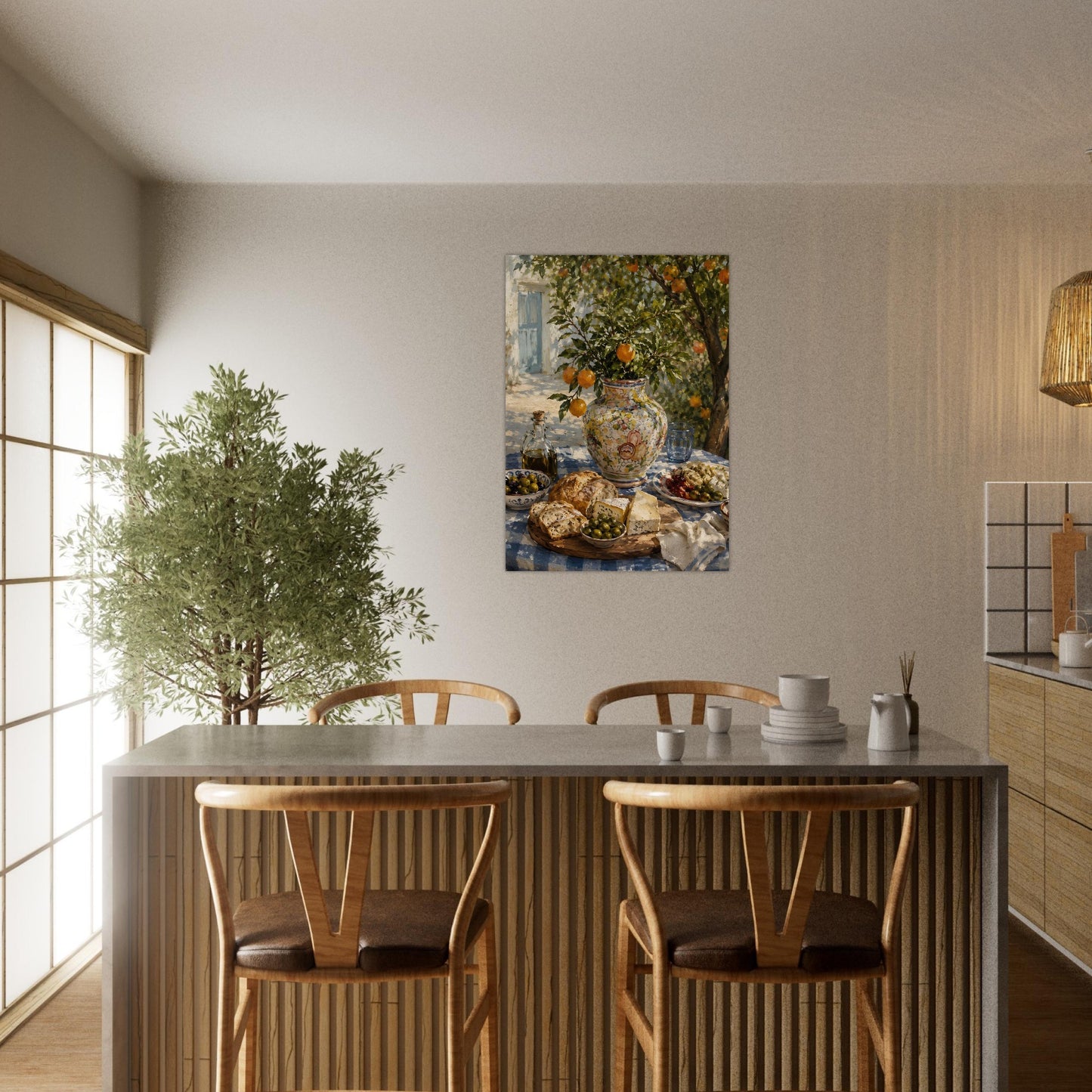 Italian countryside still life poster displayed in bright dining area with warm natural textures