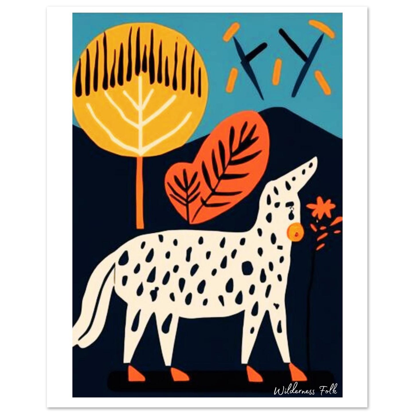 Illustration of a spotted animal in a natural setting with trees and flowers.