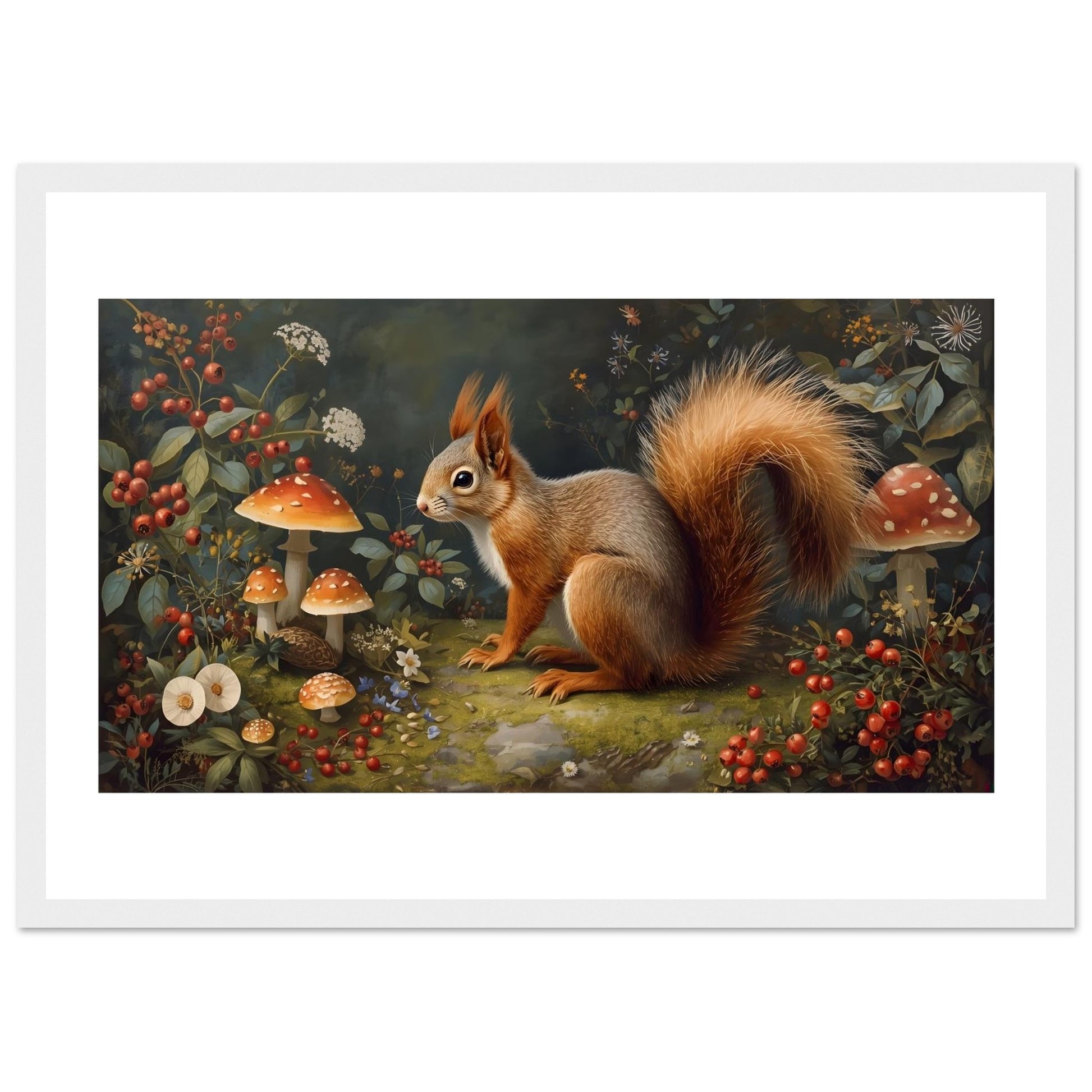 Woodland squirrel art print in white print and on a plain background