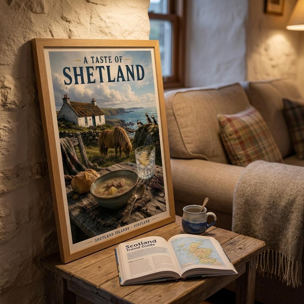 Shetland travel poster displayed on a wooden side table beside books and a cosy armchair in a warm living room setting