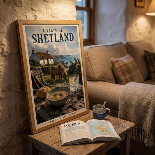 Shetland travel poster displayed on a wooden side table beside books and a cosy armchair in a warm living room setting