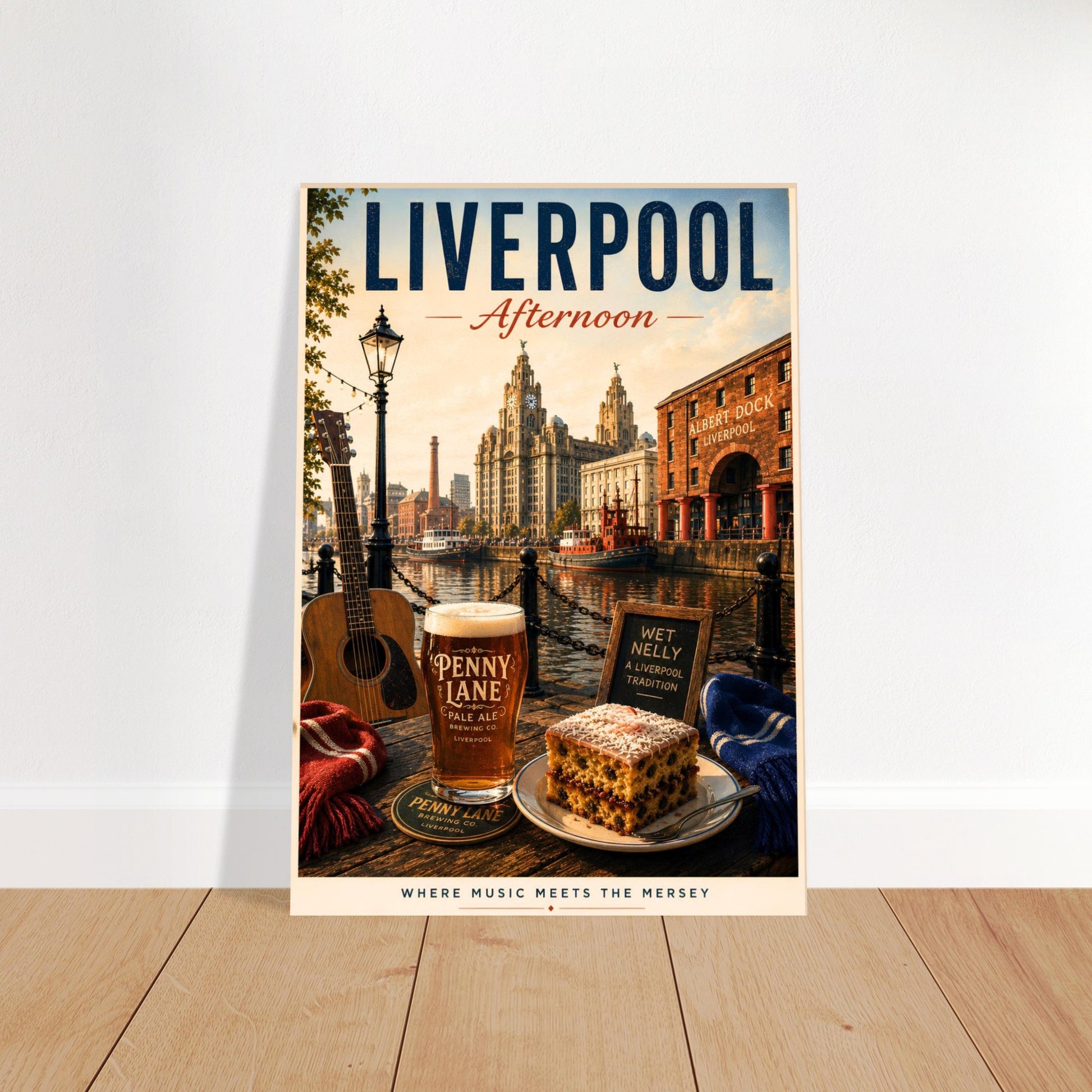Liverpool Afternoon wall print displayed on a wooden floor against a white wall, capturing the atmosphere of Liverpool's famous waterfront district.