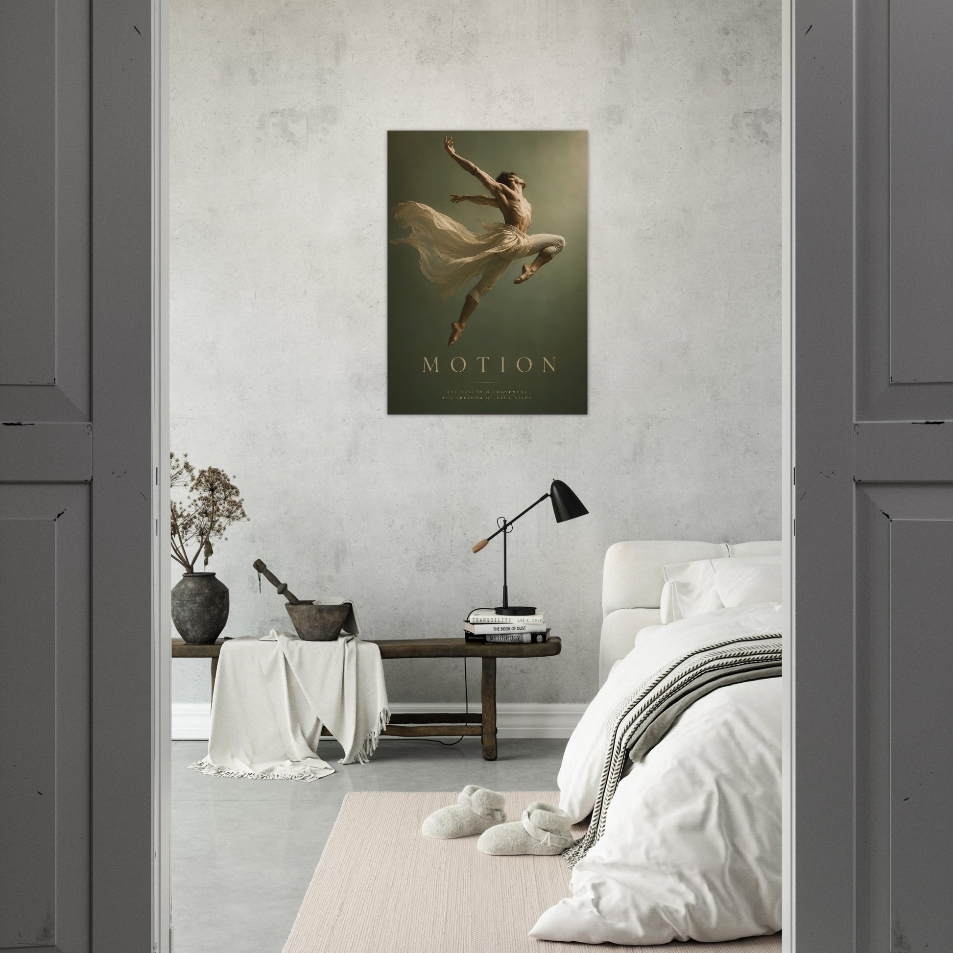 Motion fine art photography wall art displayed in a modern bedroom with concrete walls and contemporary furnishings.