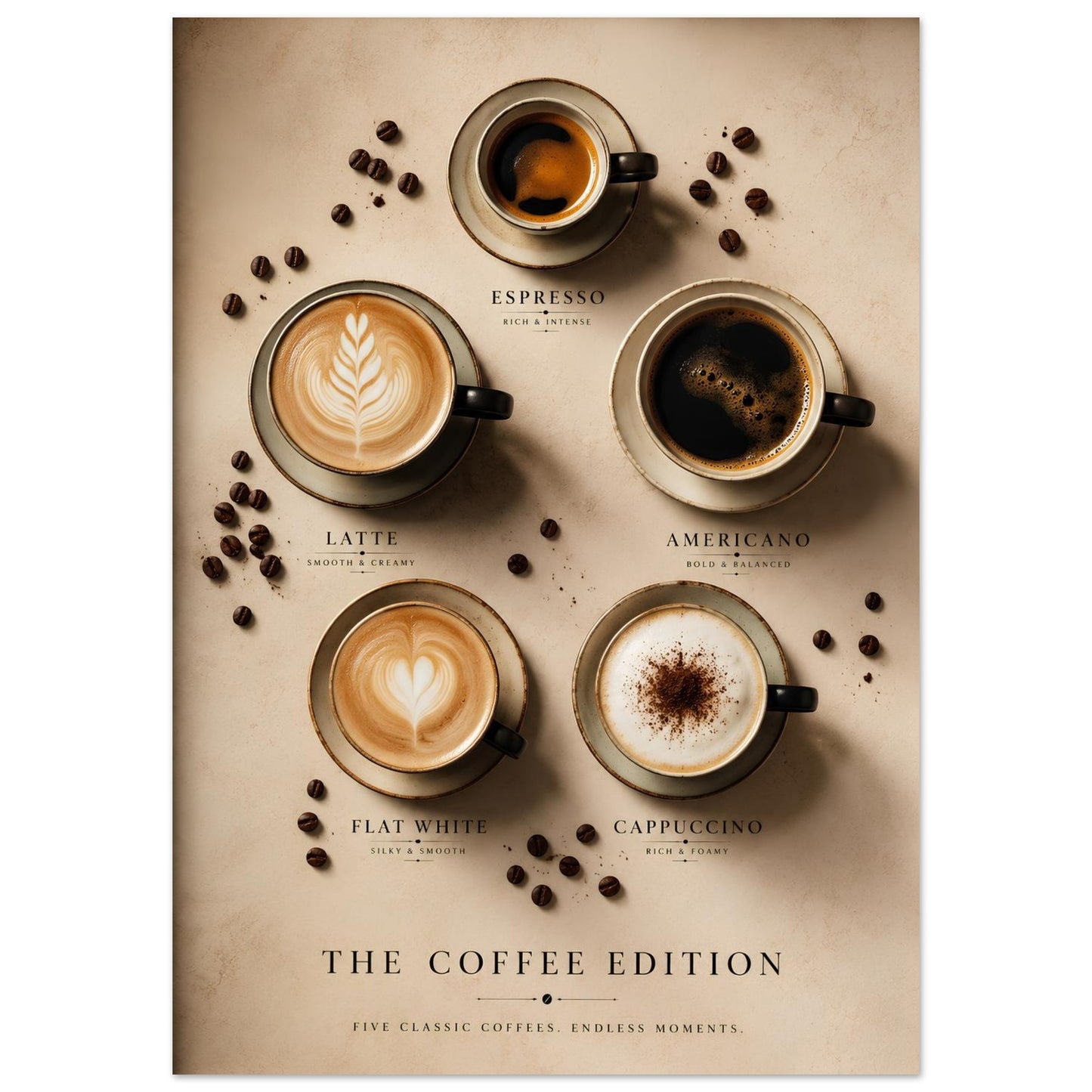 Poster of different coffee types with cups and coffee beans on a beige 