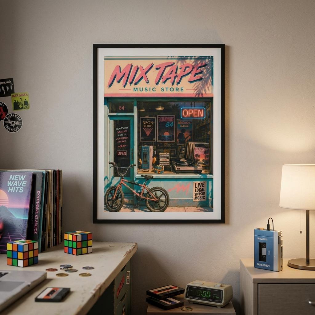 Framed poster of a music store named 'Mix Tape' on a wall above a desk with Rubik's cubes and a laptop.