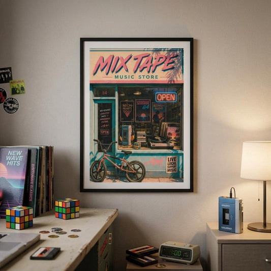 Framed poster of a music store named 'Mix Tape' on a wall above a desk with Rubik's cubes and a laptop.