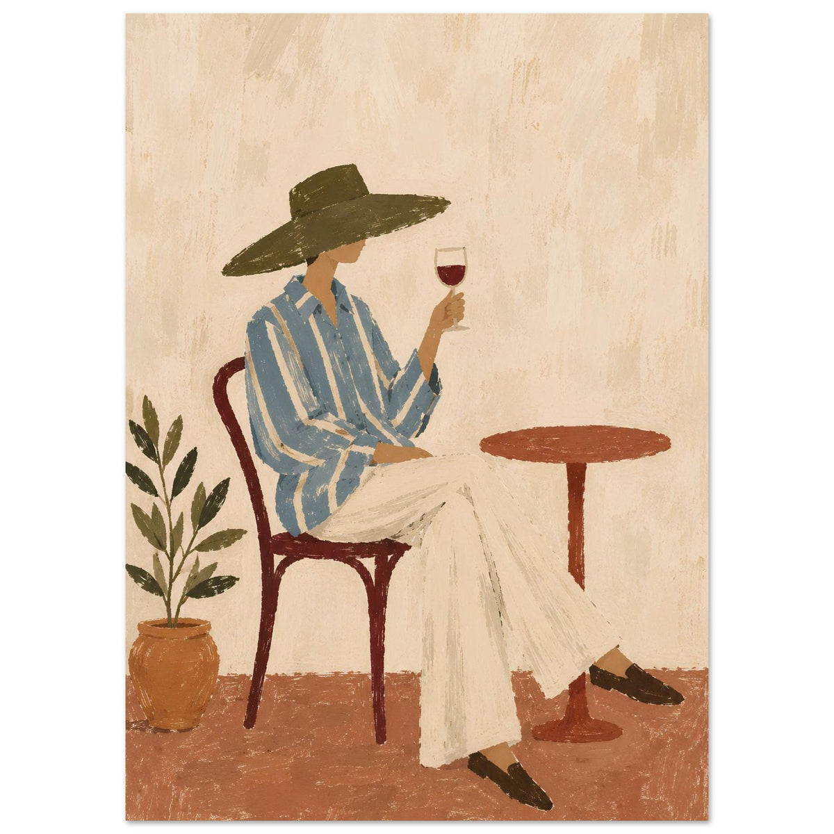 A textured art print depicting a woman in a wide-brimmed olive green hat, a blue and white striped shirt, and white pants, sitting at a small round table and holding a glass of red wine. She is seated on a dark red chair next to a potted plant against a warm beige background.