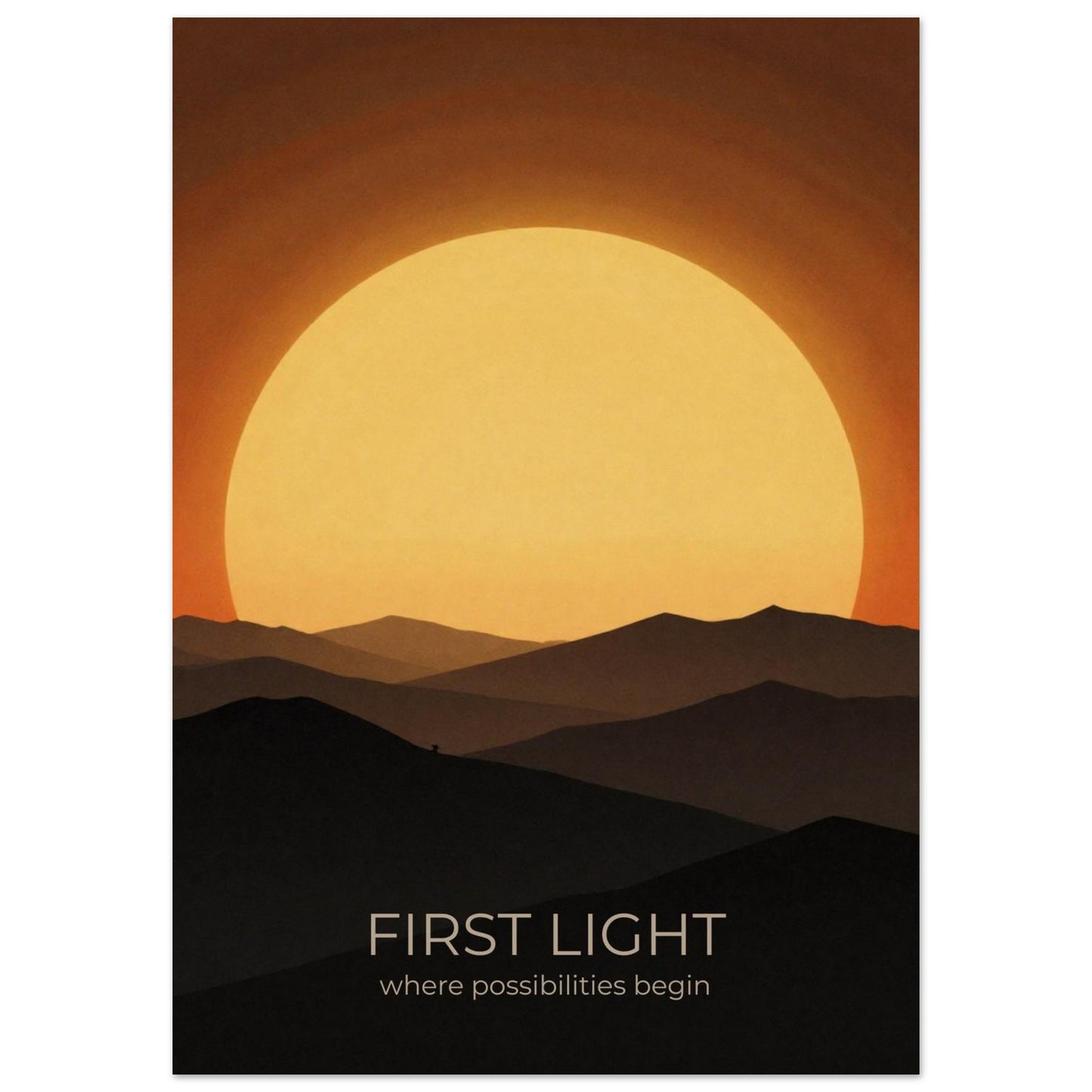 Close-up of First Light sunrise wall art showcasing a large glowing sun and minimalist mountain landscape in amber and gold colours.