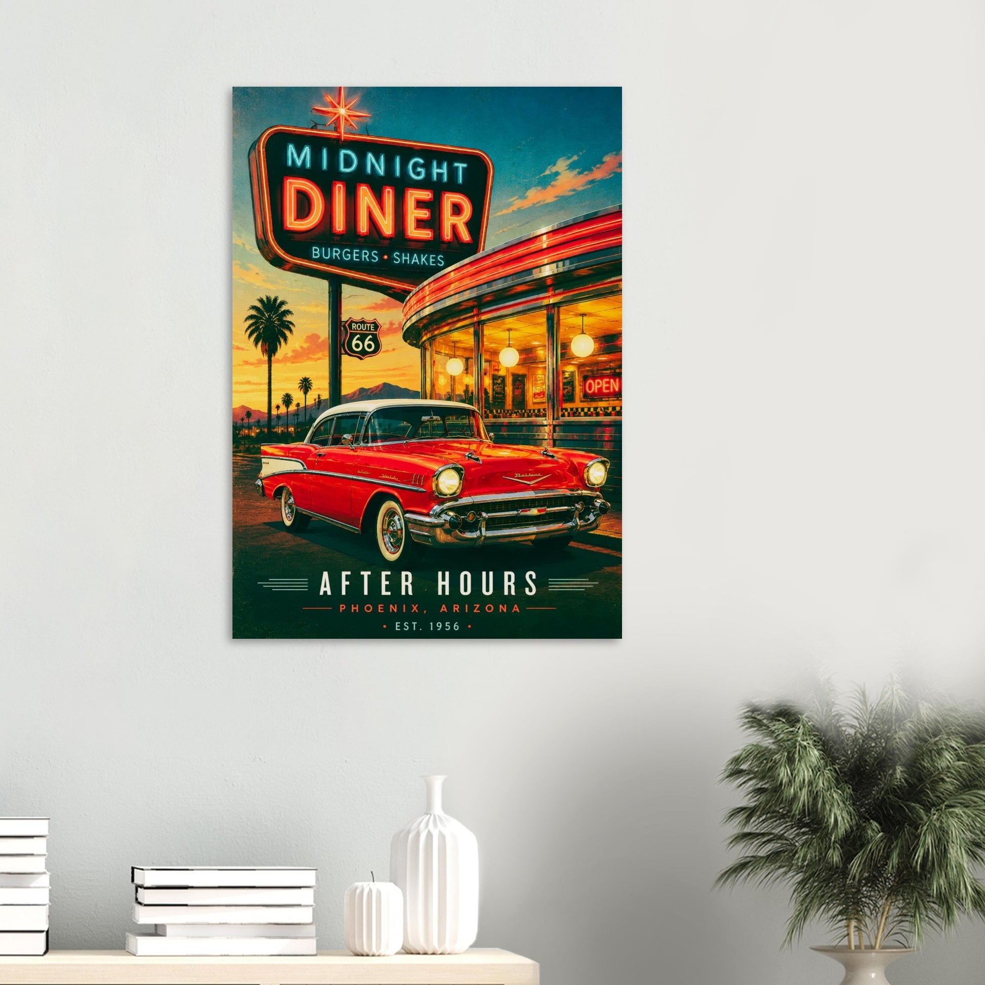 Poster of a diner with a red car in front, featuring the 'Midnight Diner' sign.