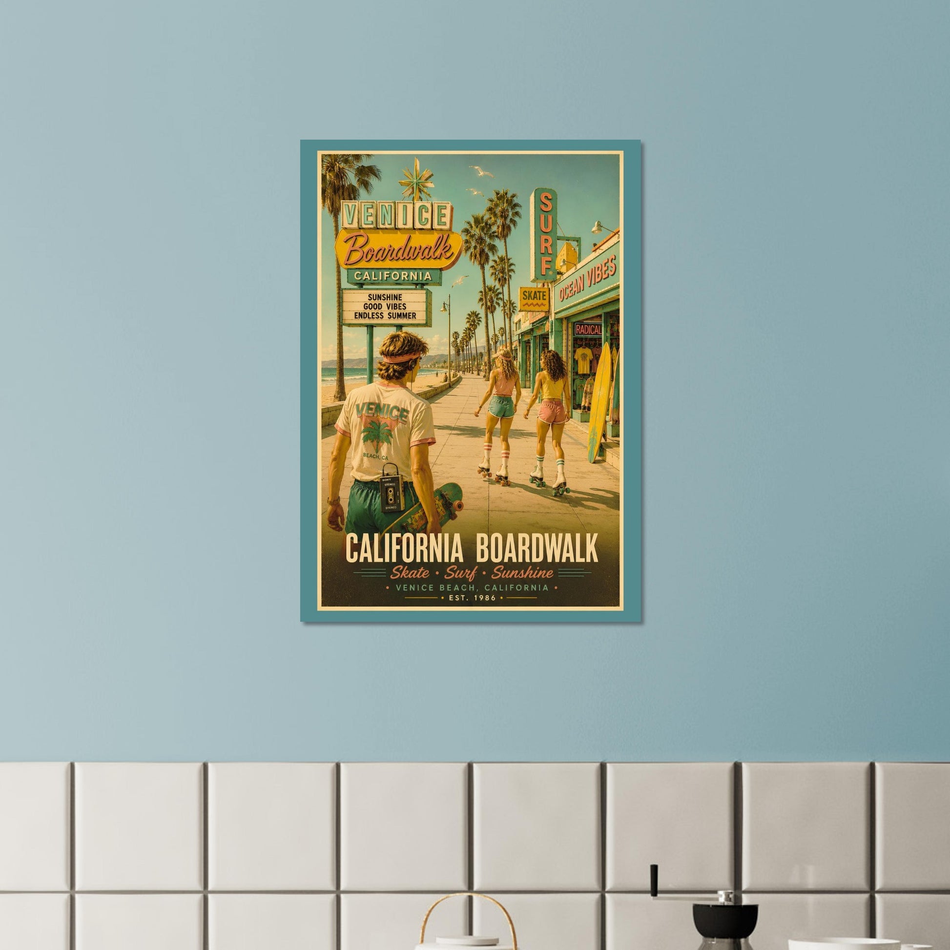 Framed vintage-style poster of a beach scene with people on a California boardwalk.