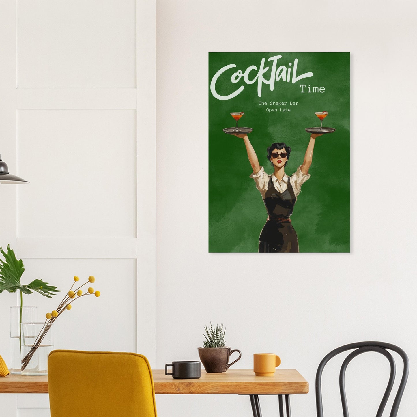 Poster of a woman holding cocktails on a green background above a dining table with chairs.