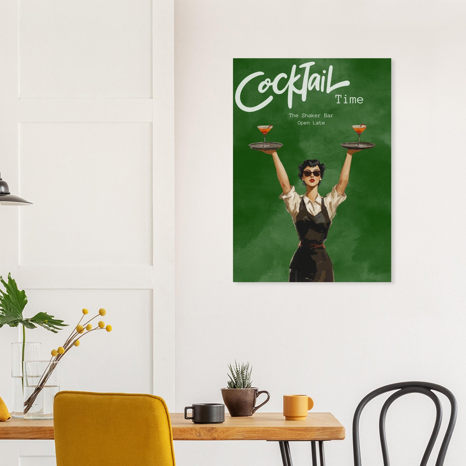Poster of a woman holding cocktails on a green background above a dining table with chairs.